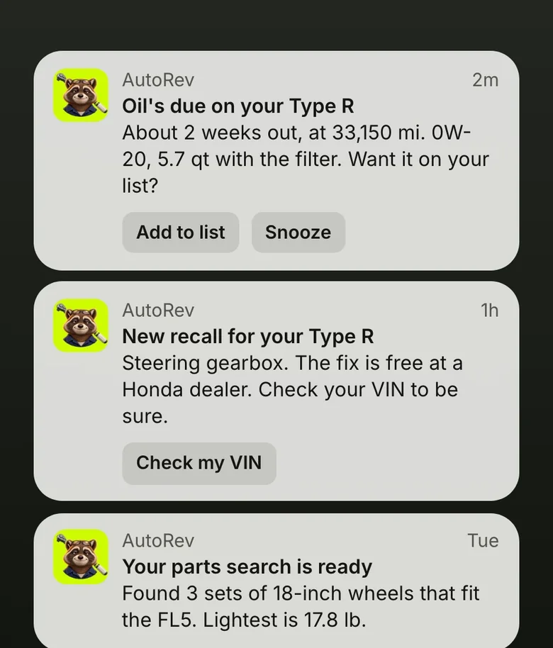 Notifications from AL on a lock screen: oil’s due on your Type R in about 2 weeks, a new recall for your Type R’s steering gearbox, and your parts search is ready