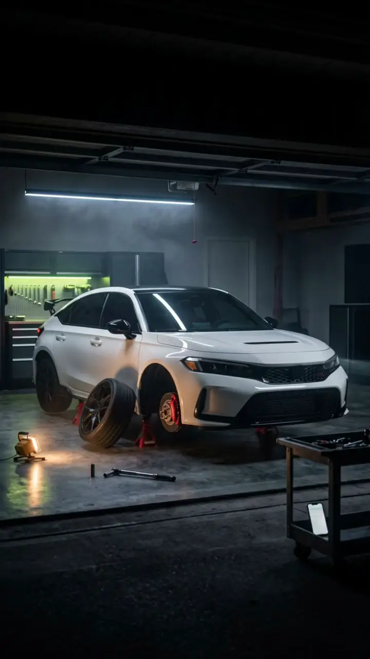 A white 2023 Honda Civic Type R on jack stands in a home garage at night, front wheel off, torque wrench on the floor