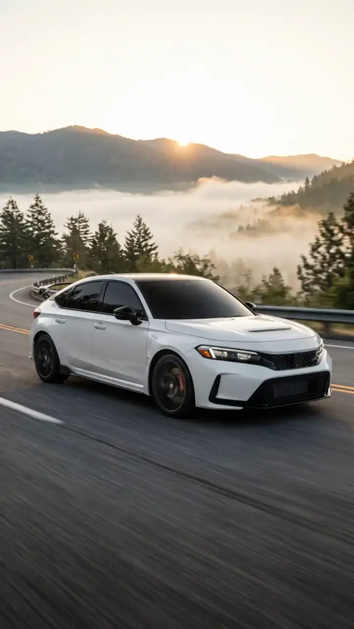 The white Type R on a winding mountain road in the morning sun